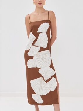 Veronica Beard Brown Slip Maxi Dress with White Floral Fans
